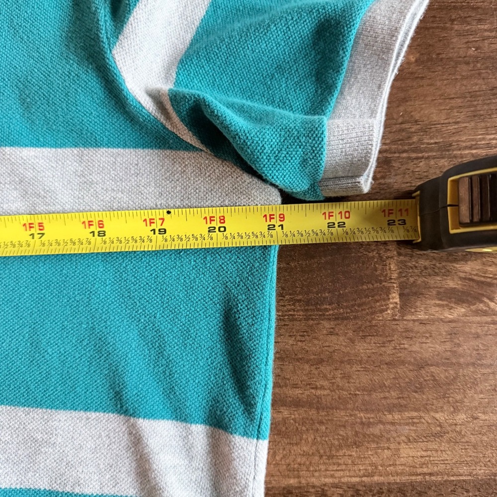 Lacoste Mens Teal Grey Striped Big Logo Pique Polo Shirt Size 5 Large Rare - Picture 5 of 6